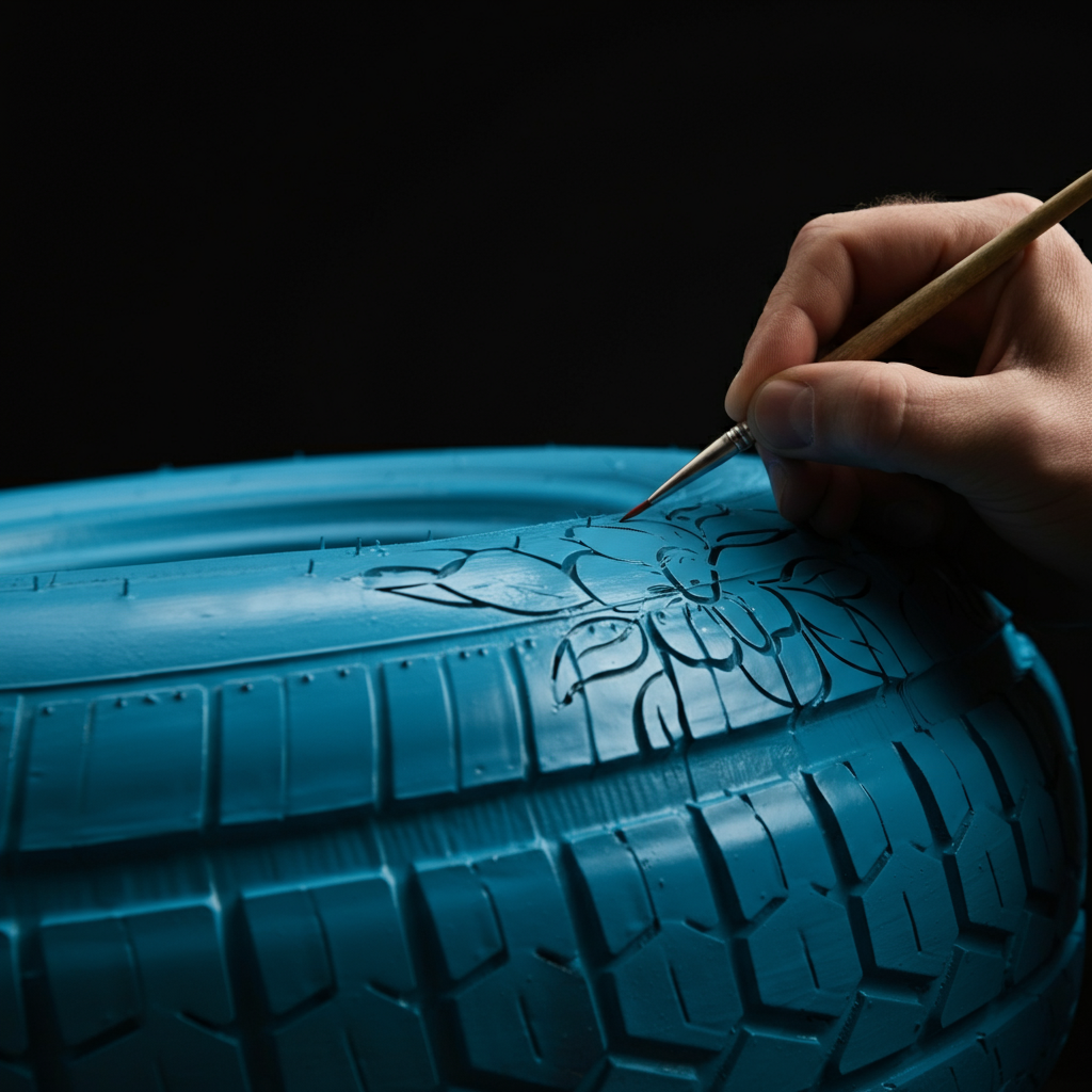 A close-up shot of a hand carefully stenciling a floral pattern onto a brightly painted blue tire. The lighting is soft and even, highlighting the texture of the paint.