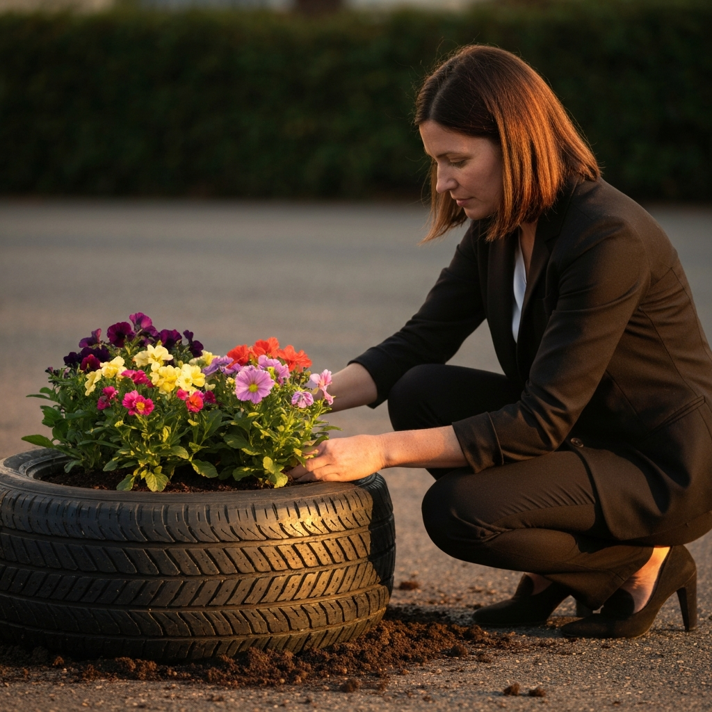 A woman kneeling beside a tire planter, gently placing colorful flowers into the soil. The scene is shot during golden hour, casting a warm glow over the plants and the woman's face.