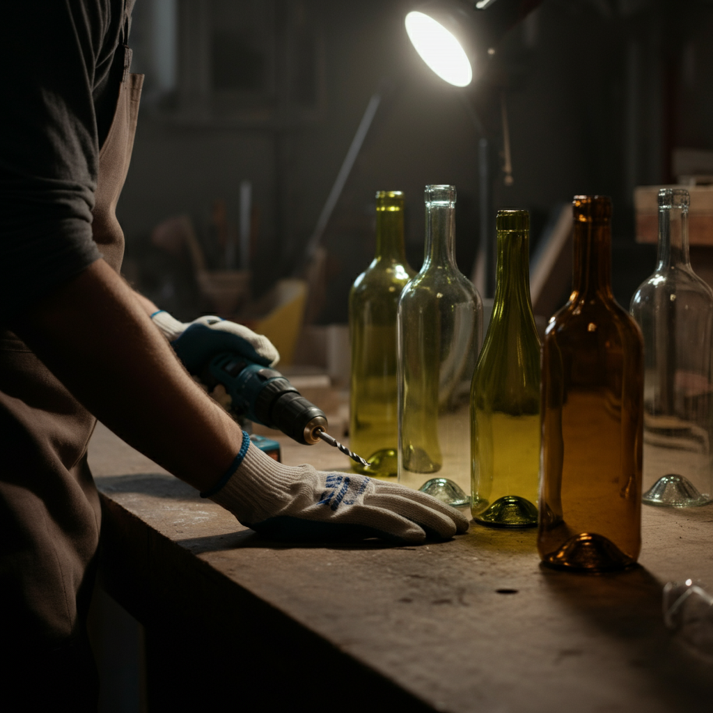 A workbench with several clean wine bottles of different shapes and colors. A drill with a glass-drilling bit is positioned near one of the bottles. Safety glasses and gloves are visible.