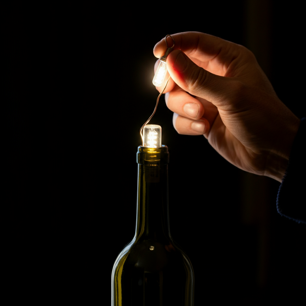A close-up of a hand carefully wiring a light socket inside a wine bottle. The wiring is neat and organized. The lighting is bright and focused on the working area.