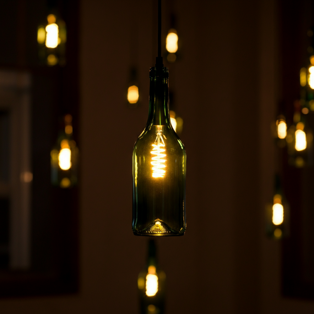 A beautifully lit living room with the upcycled wine bottle light fixture hanging prominently. The soft glow of the light illuminates the room, creating a warm and inviting atmosphere. The scene is shot with a wide-angle lens, showcasing the entire space.