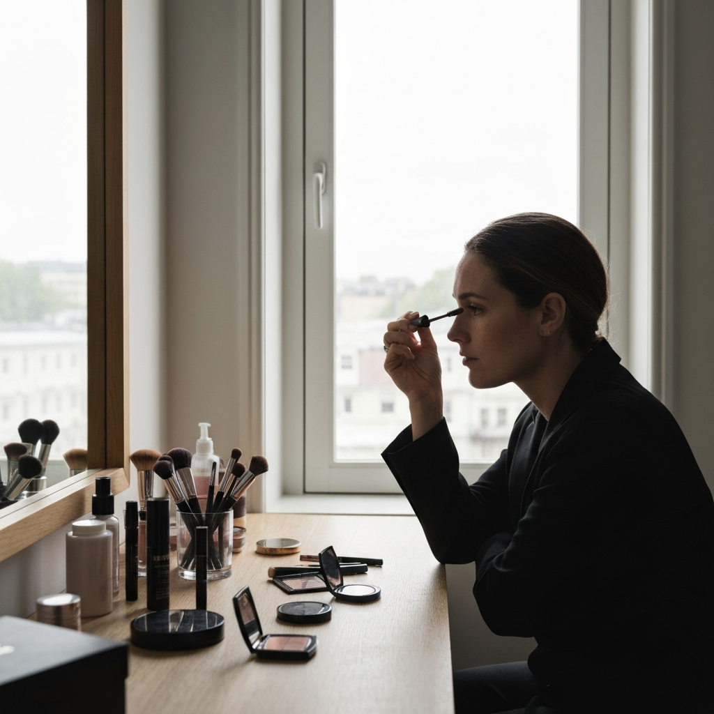 A person sitting at a vanity table, applying mascara. Natural light from a nearby window illuminates their face. Makeup brushes and compacts are neatly arranged on the table.