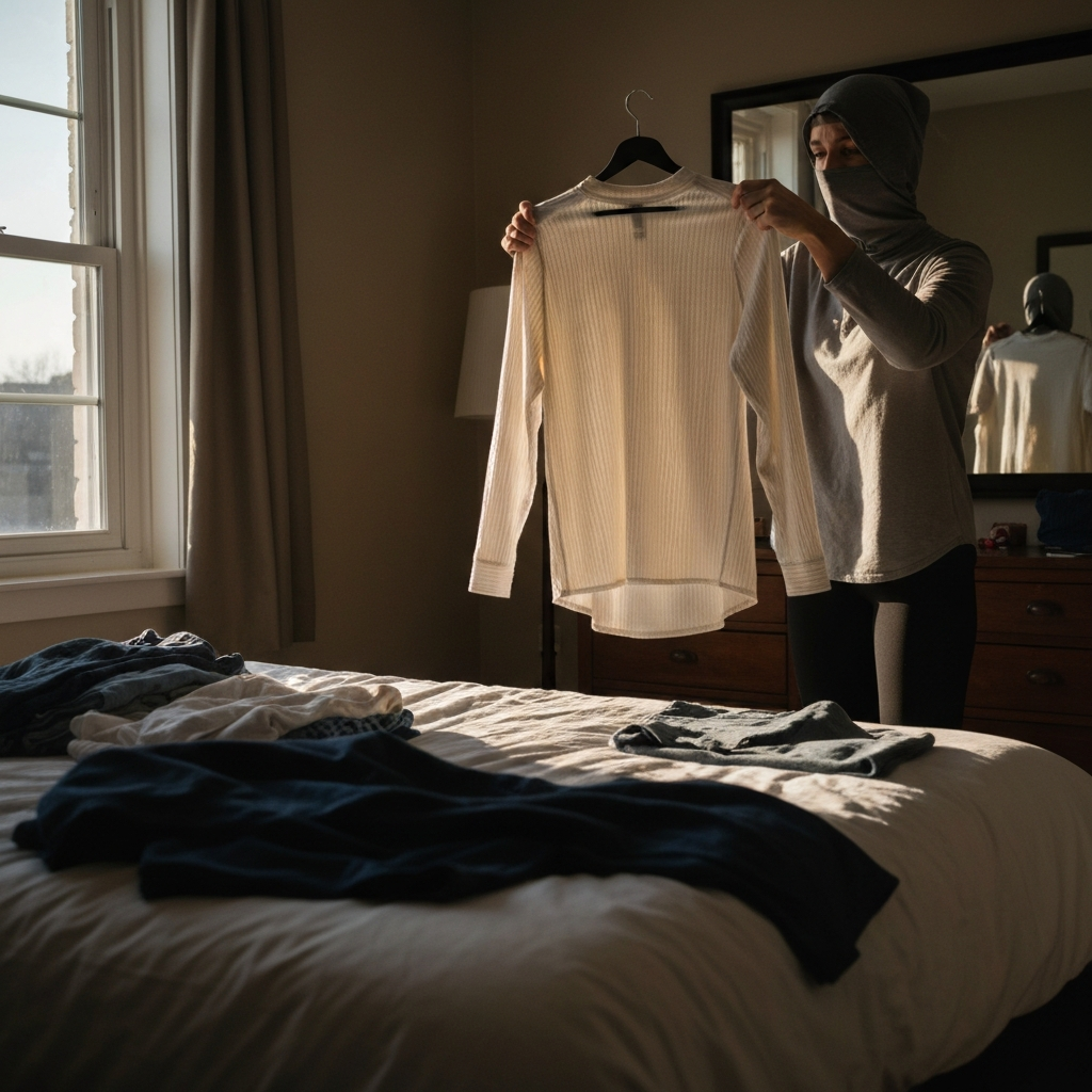 A bedroom with clothes piled neatly on the bed. A person is holding up a garment, thoughtfully considering it. Sunlight streams through the window, highlighting the textures of the fabrics.