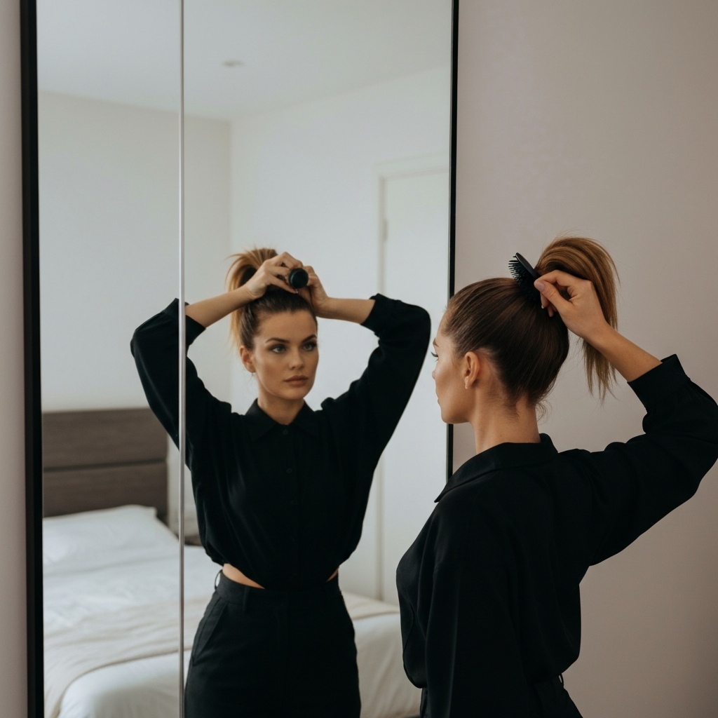 A person standing in front of a mirror, styling their hair into a high ponytail. They are using a hair tie and a brush. The background is a clean and modern bedroom.