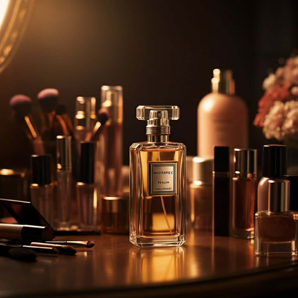 A perfume bottle on a vanity table, surrounded by other beauty products. Soft, diffused light creates a luxurious and inviting atmosphere.
