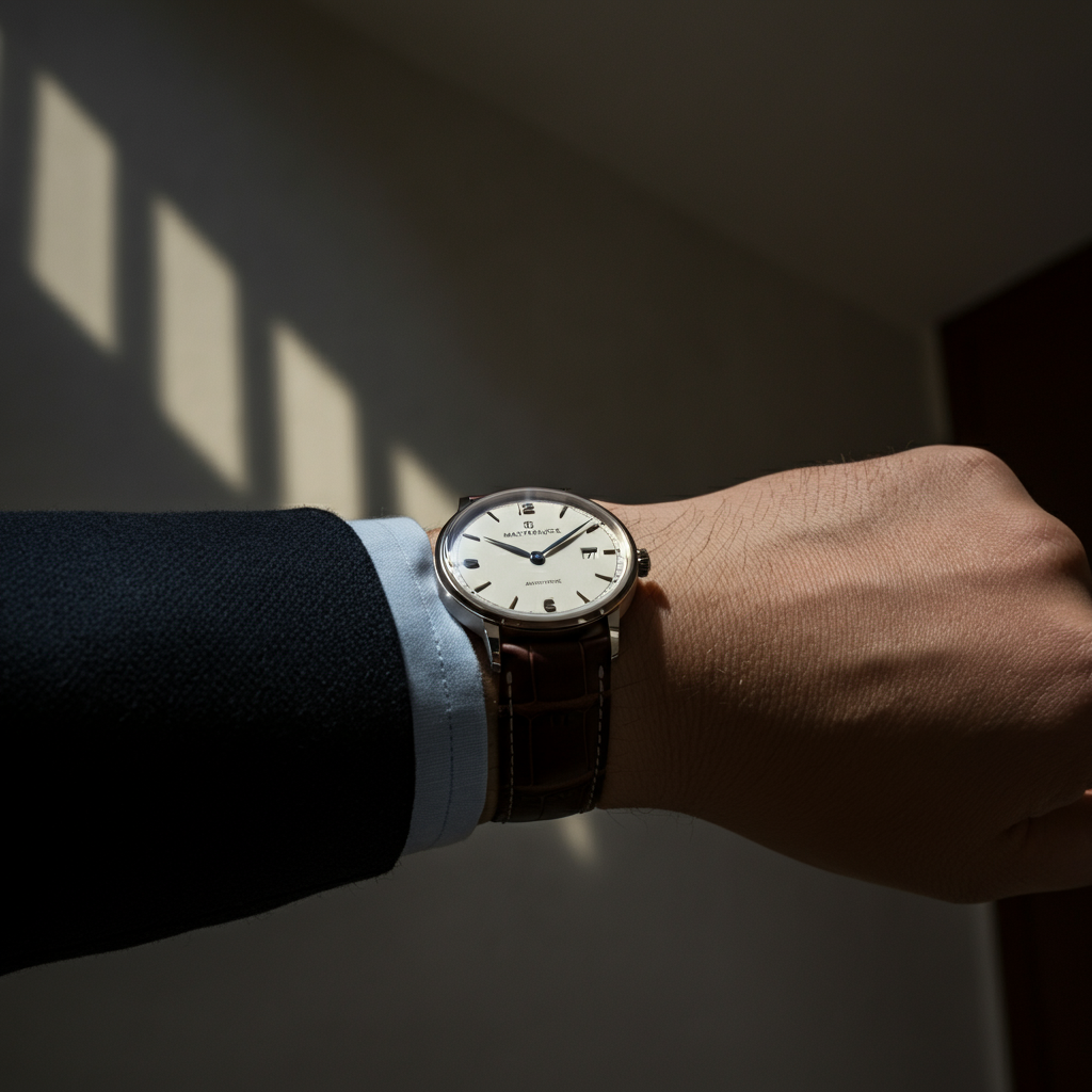 A close-up shot of a person's wrist, wearing a classic watch. The watch is elegant and understated. The background is blurred, emphasizing the watch.