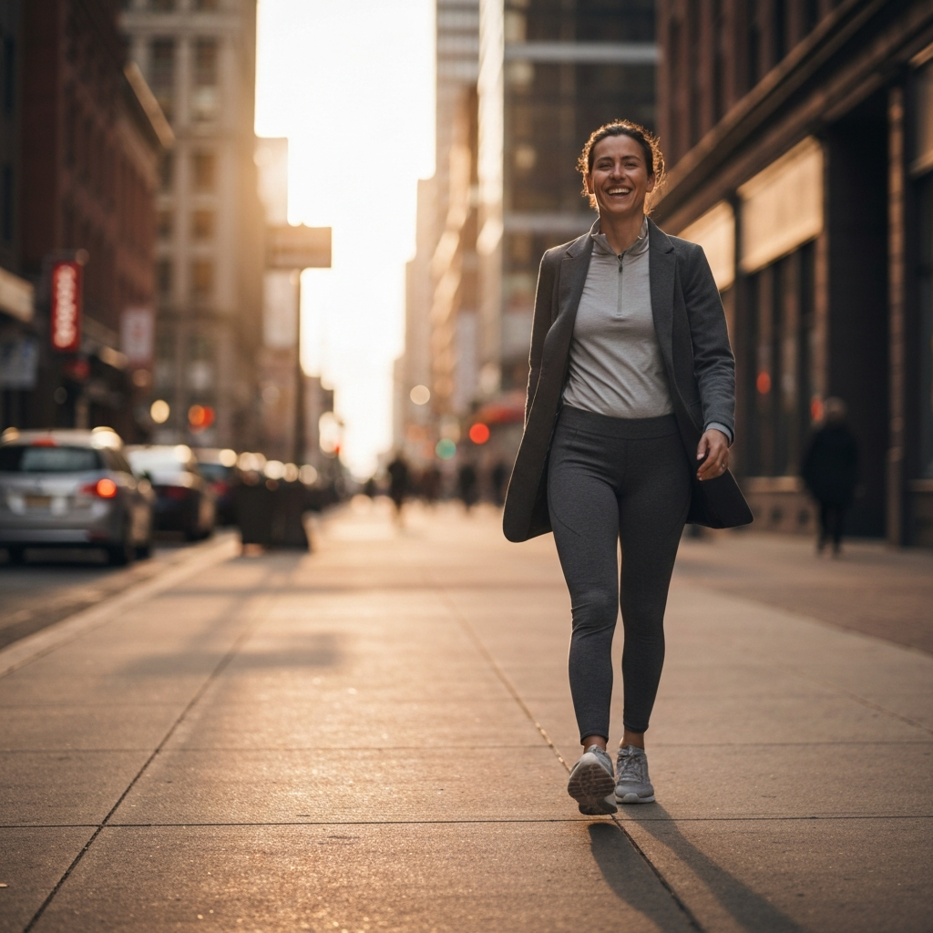 A person walking down a city street, smiling confidently. They are wearing a stylish outfit and exuding self-assurance. The background is a vibrant and bustling cityscape.