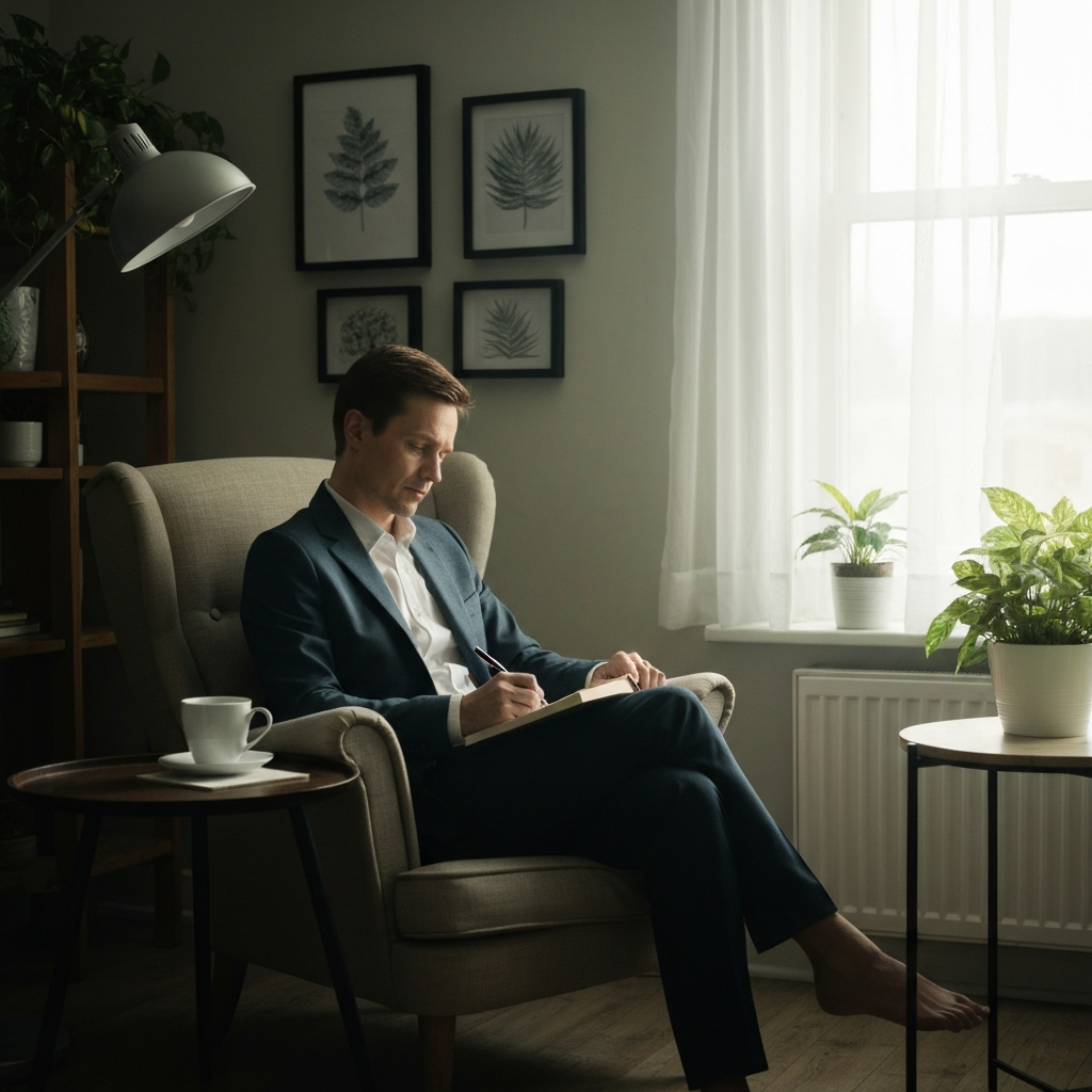 A person sitting in a comfortable armchair, bathed in soft, diffused light from a nearby window, writing in a journal with a pensive expression. A cup of tea sits on a small table beside them. The room is decorated with plants and calming artwork, creating a serene atmosphere.