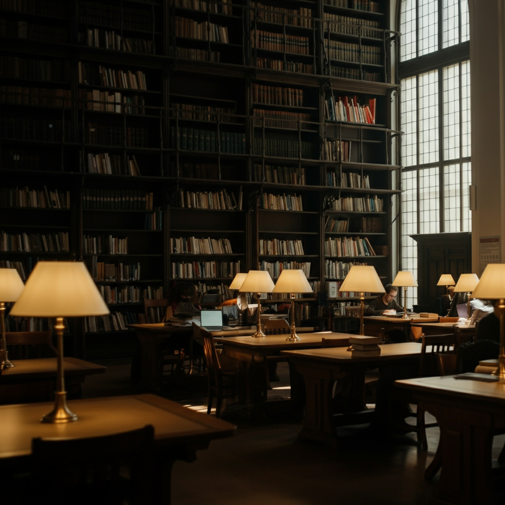 A well-stocked library with high shelves filled with books. Sunlight streams through a large window, illuminating rows of reading tables where people are quietly studying. The focus is on the textures of the books and the light filtering through the window.