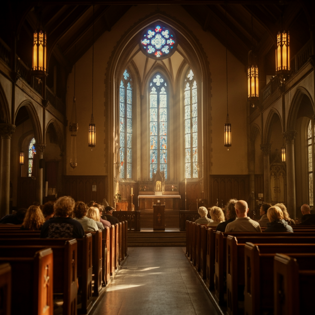 An interior shot of a church with stained glass windows. Soft, natural light filters through the colored glass, casting patterns on the pews. People are seated and listening attentively to a speaker. Focus is on the light and the texture of the wood and glass.