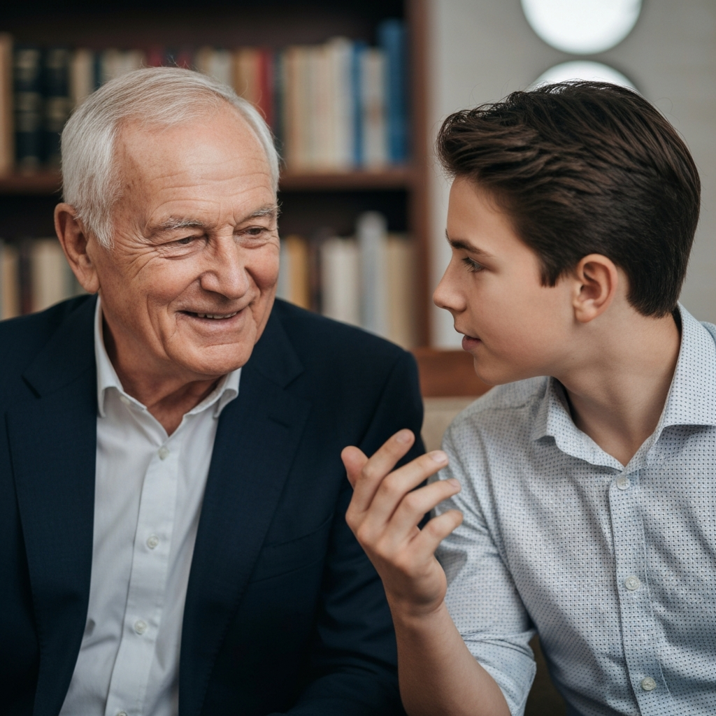 A close-up shot of two people engaged in conversation. One person is older, with a kind and wise expression, and the other is younger, listening attentively. They are sitting in a comfortable setting, perhaps a library or a study. Soft bokeh in the background.