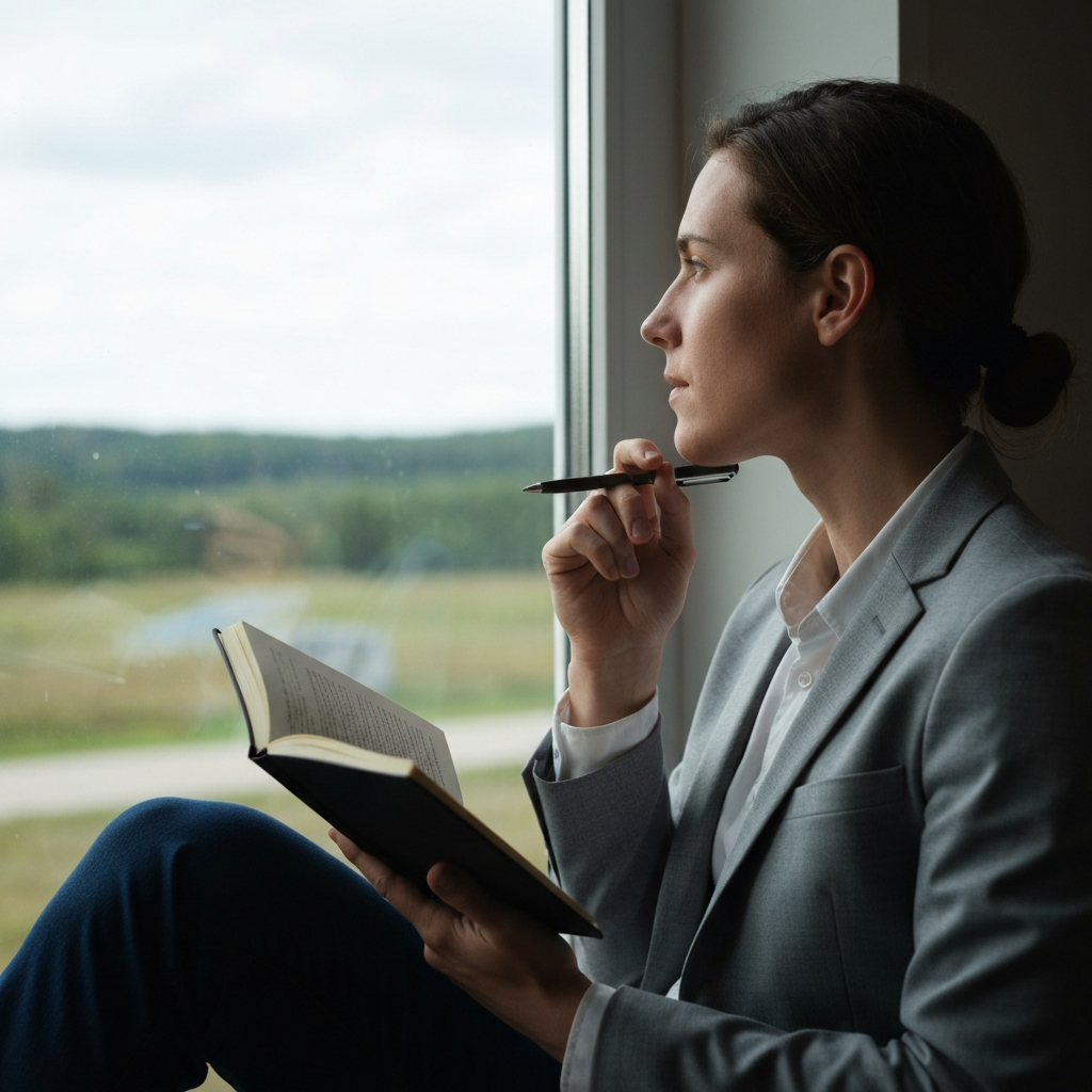 A person sitting by a window, looking out at a peaceful landscape. They are holding a journal and pen, deep in thought. The lighting is soft and natural, creating a contemplative mood. The focus is on the person's expression and the surrounding scenery.