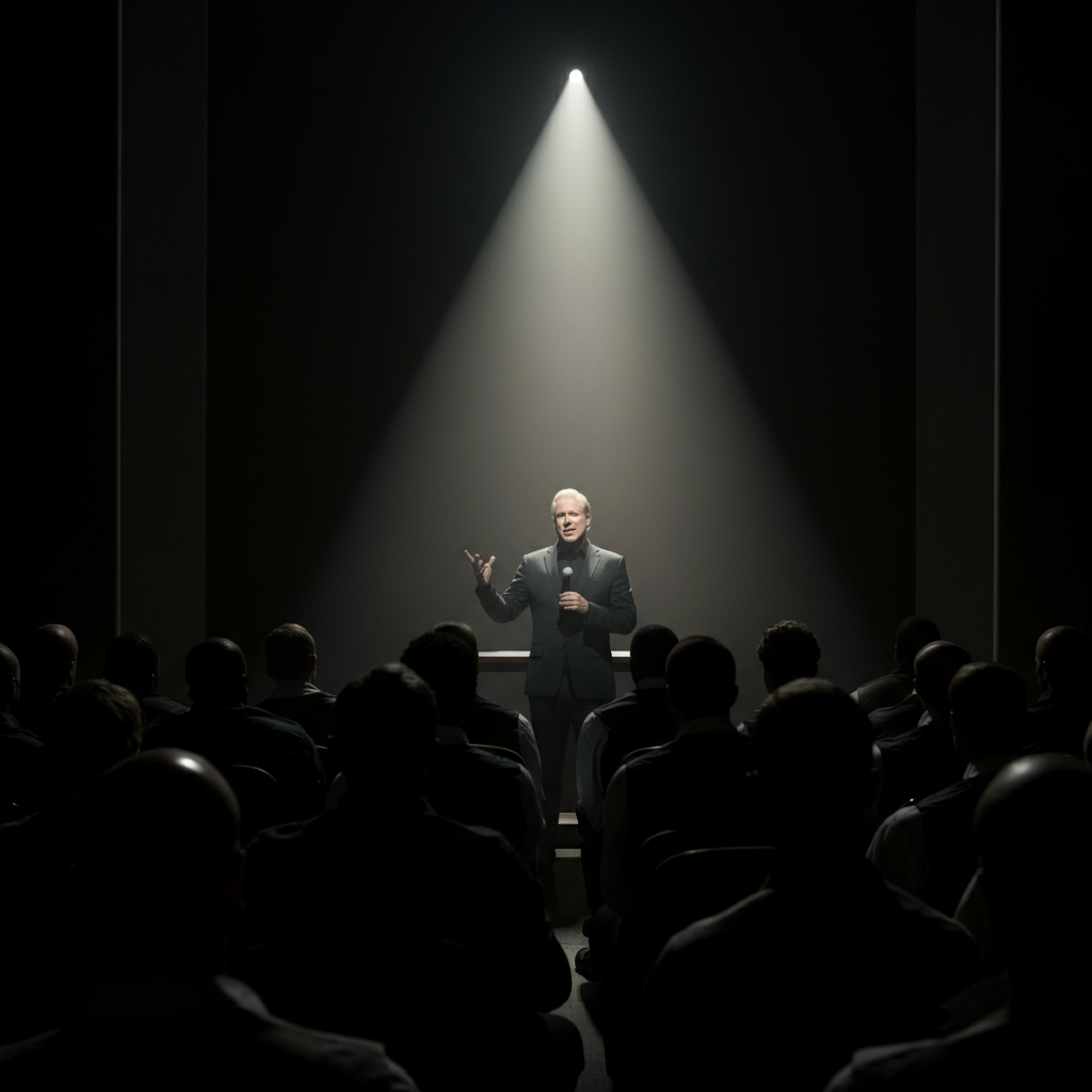 A dimly lit room with shadowy figures in the background. A single spotlight shines on a charismatic leader speaking to a crowd. The overall atmosphere is unsettling and oppressive. Focus on the leader's intense gaze and the shadowed faces of the followers.
