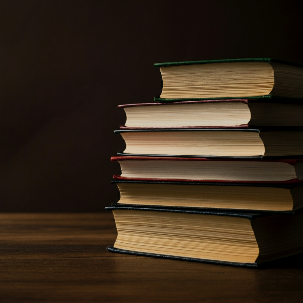 A close-up shot of a stack of classic philosophy books, arranged neatly on a wooden table. The lighting is warm and inviting, highlighting the textures of the paper and leather. The books are slightly worn, suggesting they have been well-read.