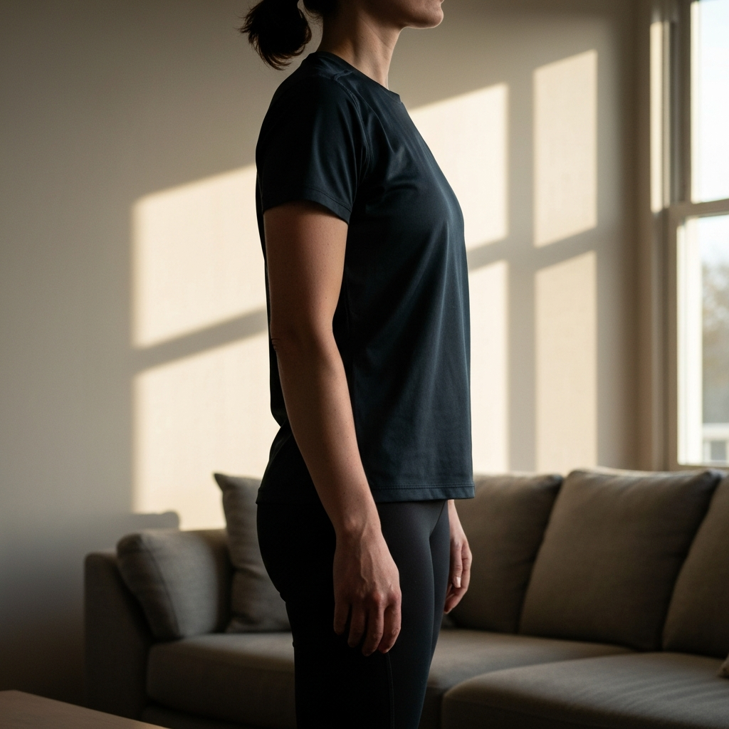 A person wearing athletic clothes stands in a well-lit living room, arms at their side. Soft natural light from a nearby window illuminates their profile. Walls and furniture are intentionally out of focus.