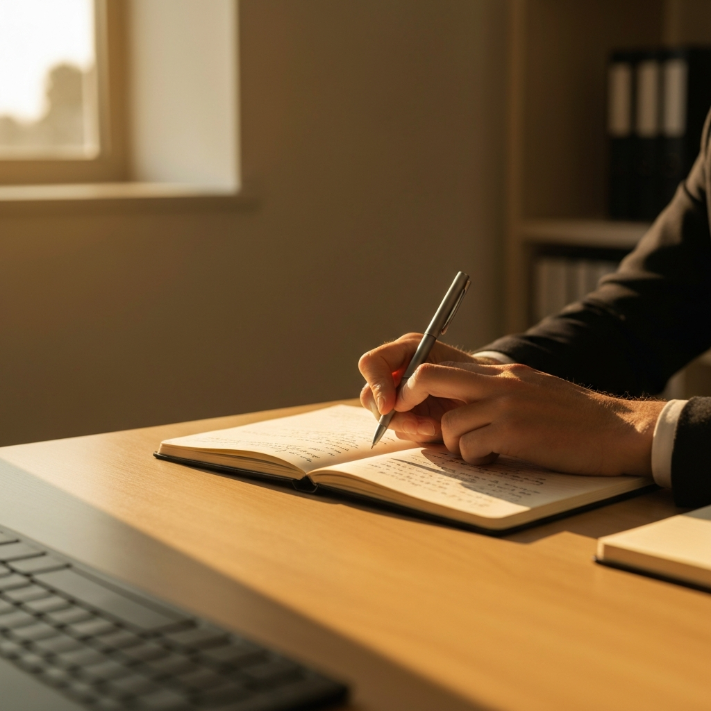 A person sits at a desk in a warmly lit office, writing in a notebook with a pen. The notebook is open, revealing handwritten notes. Golden hour lighting through the window casts a soft glow on their hands.