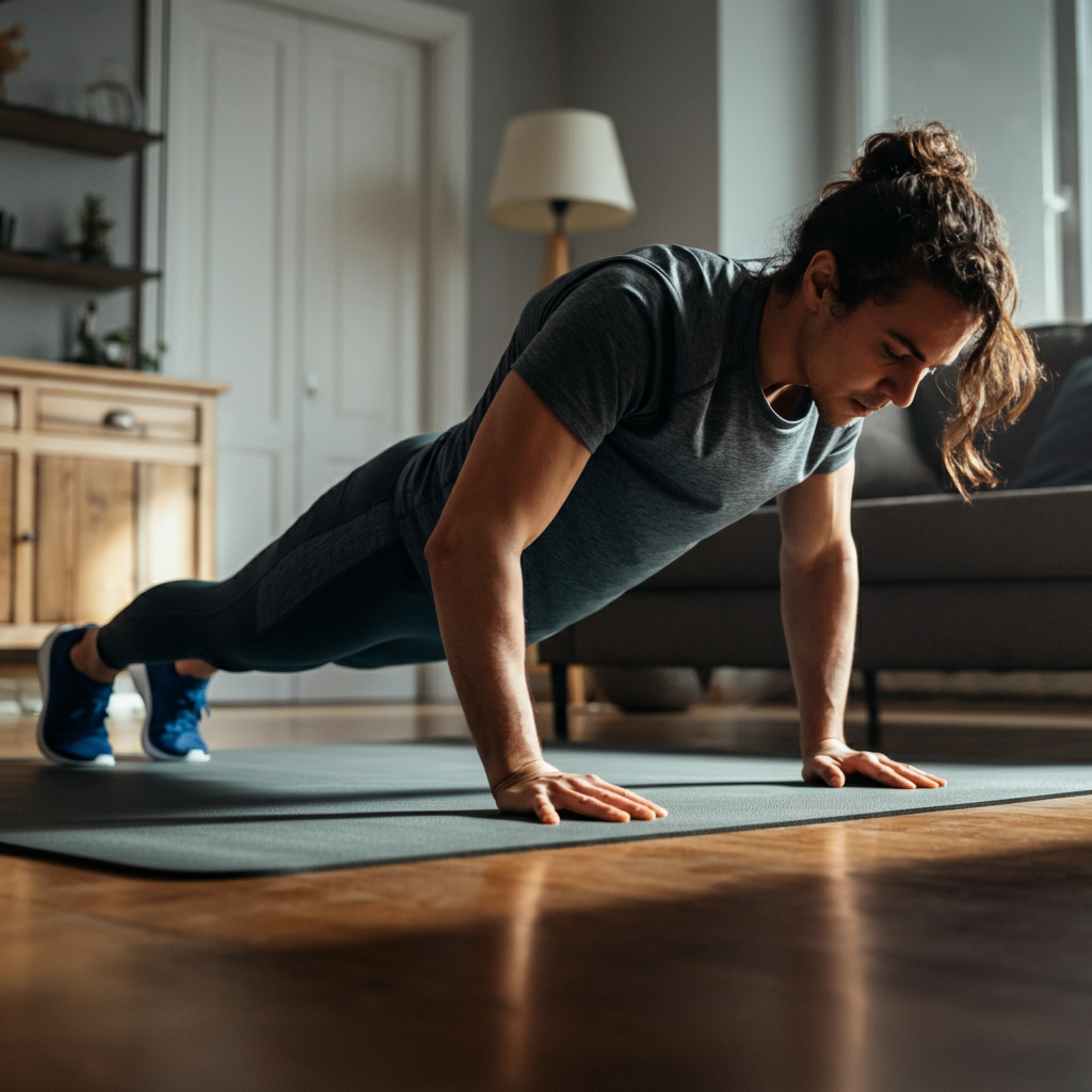 A person in athletic wear performs a perfect push-up in a living room. The focus is on their form, with a straight back and engaged core. The image features soft, diffused lighting and a clean, minimalist background.