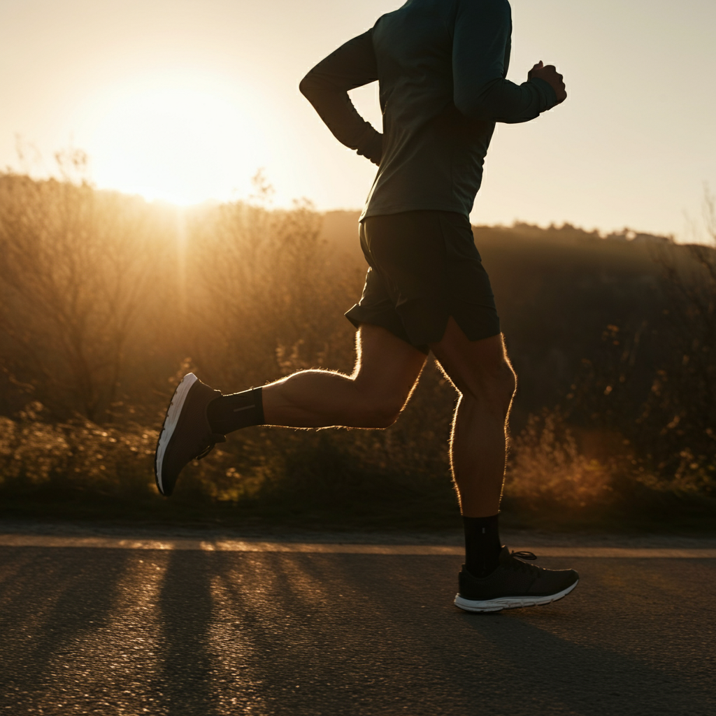 A person in athletic clothing runs outdoors on a paved trail during sunrise. The background is blurred, emphasizing the movement. Golden light accents the runner's silhouette.