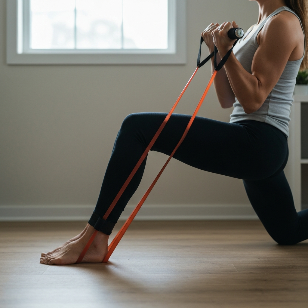 A person performs a bicep curl using a resistance band attached to their feet. The setting is a bright, airy home office with a window in the background. The focus is on the band and the person's arm muscles.