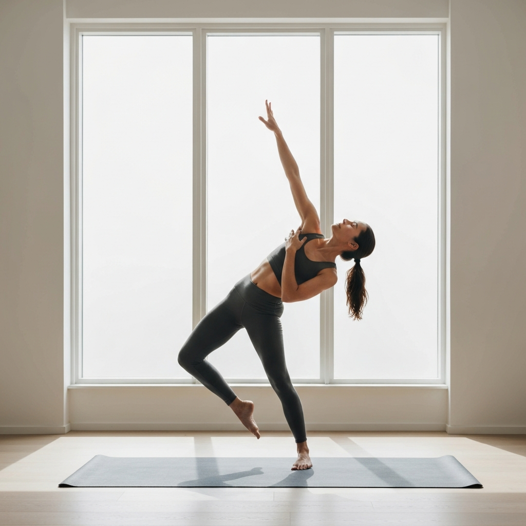 A person practices a yoga pose in a serene, minimalist studio. Soft, natural light filters through a large window. The focus is on their graceful form and peaceful expression.
