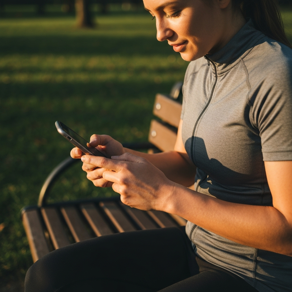 A person reviews a fitness app on their smartphone after a workout. They are sitting on a park bench with dappled sunlight filtering through the trees. The focus is on the phone screen and their satisfied expression.