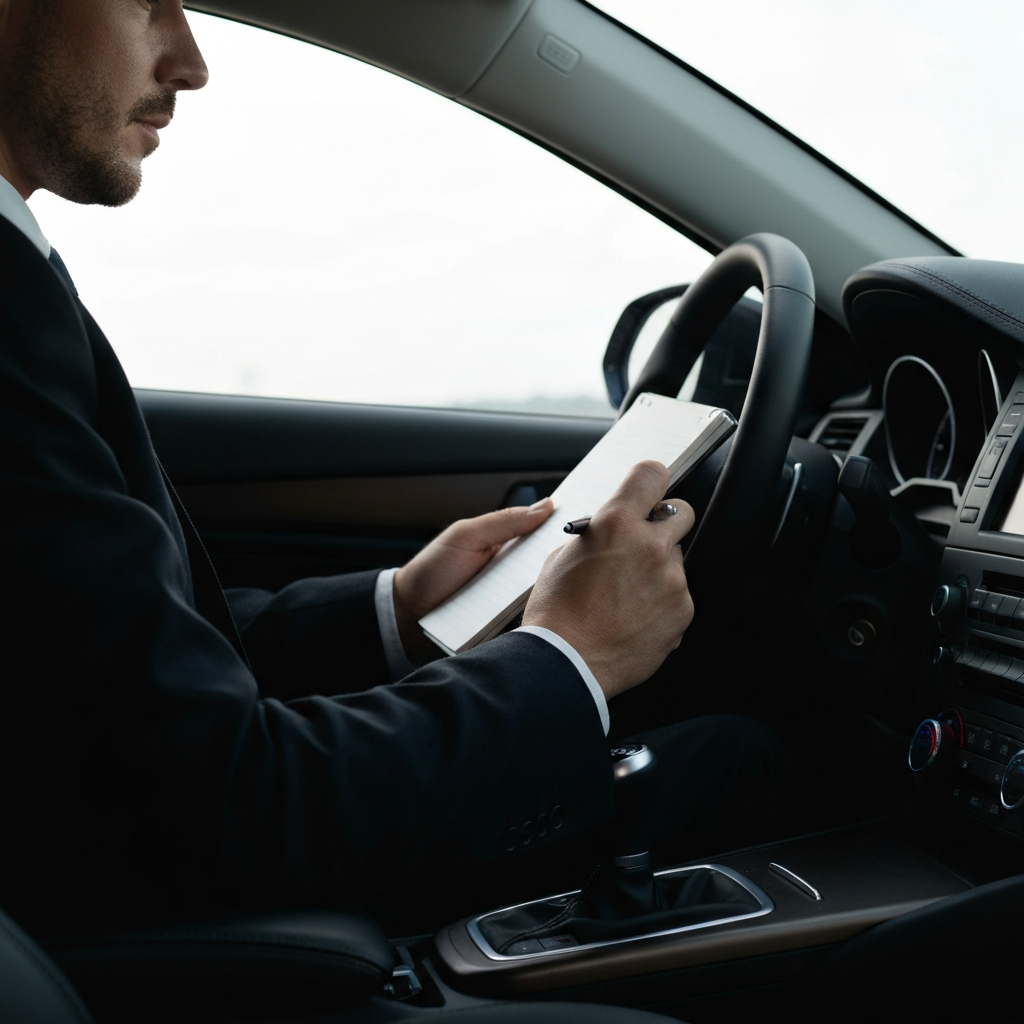 Car interior during daytime. Focus on the driver's hand holding a notepad, dashboard details in soft focus, natural window light.
