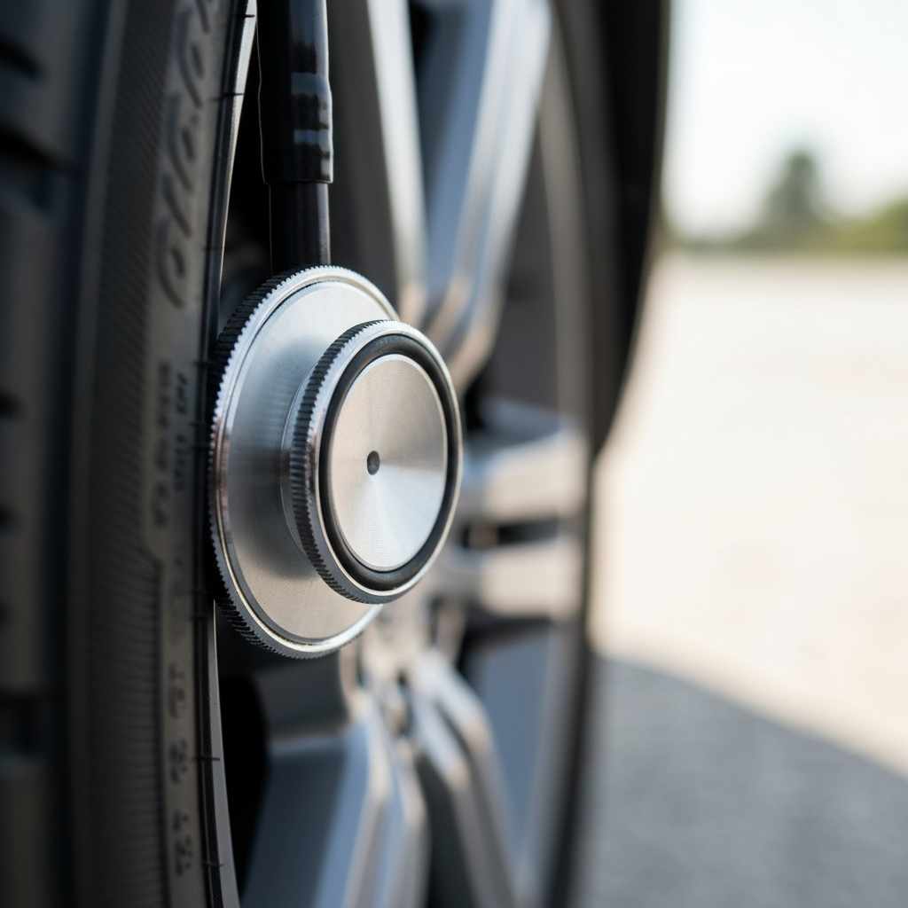 Close up of a stethoscope pressed against a car's wheel well, side-lit with soft bokeh, focusing on the stethoscope's diaphragm and the texture of the tire.