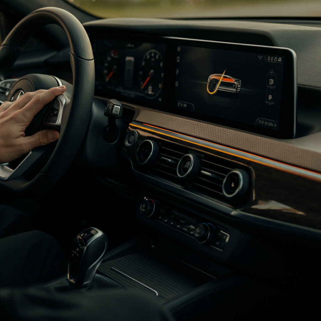 Car interior, focus on the dashboard and center console, soft golden hour lighting highlighting the texture of the materials, a hand gently touching the dashboard trim.