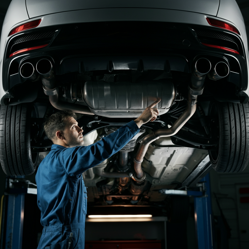 Underside of a car, focus on the exhaust system with a mechanic pointing to a heat shield with a wrench in his hand, work light illuminating the area.