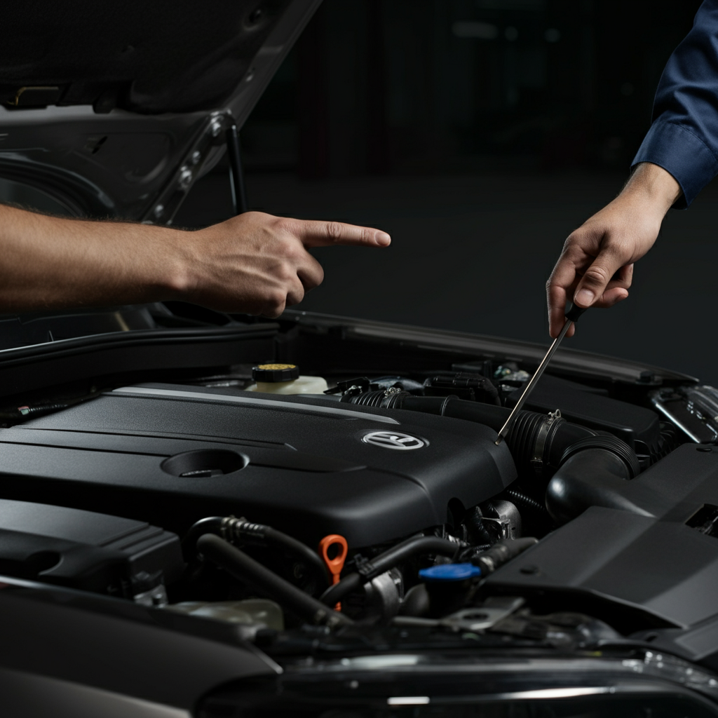 Open car hood, focus on the engine bay with various components visible, mechanic pointing with a screwdriver to a loose hose clamp, soft, diffused lighting.