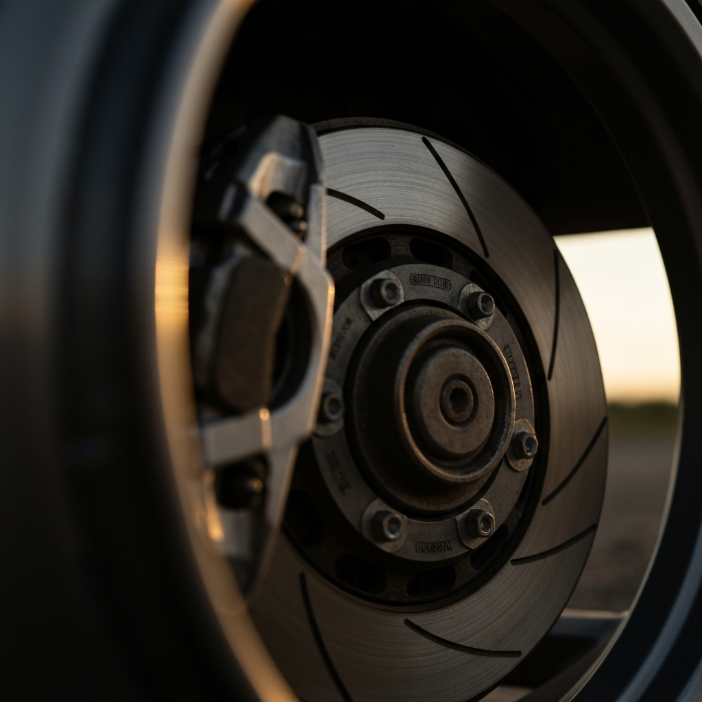 Close-up of a brake rotor and caliper through the wheel spokes, focus on the surface texture of the rotor and brake pads, shallow depth of field, natural lighting.
