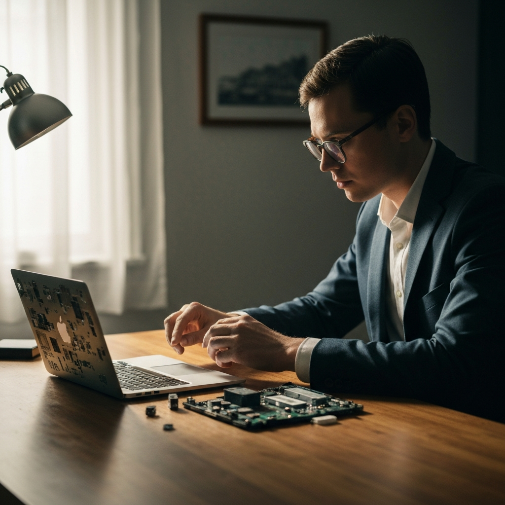 A person with glasses sits at a wooden desk, inspecting a disassembled laptop. Soft, diffused light comes from a window to the left, highlighting the dust and small components on the desk.