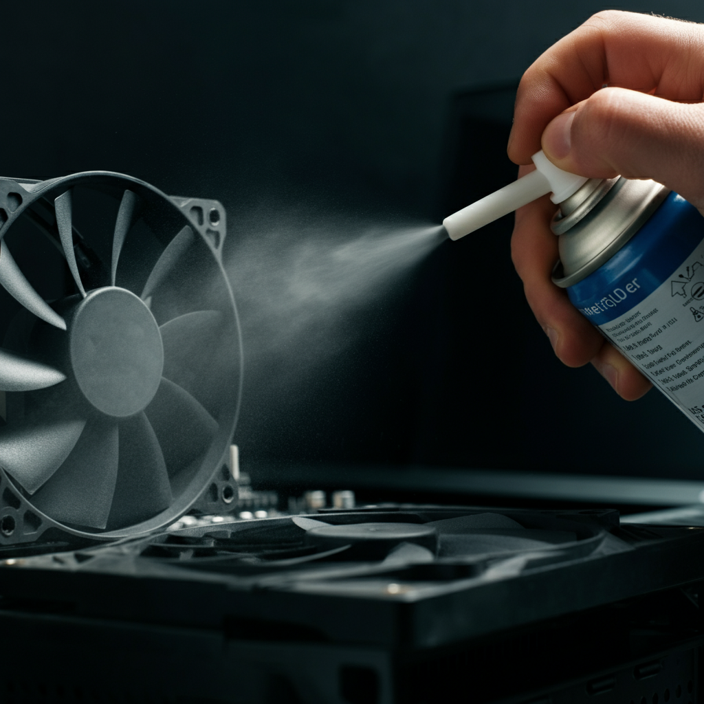 A close-up shot of a hand holding a can of compressed air, gently blowing dust away from the fan blades of a computer. The background is blurred, focusing on the air nozzle and the clean fan.