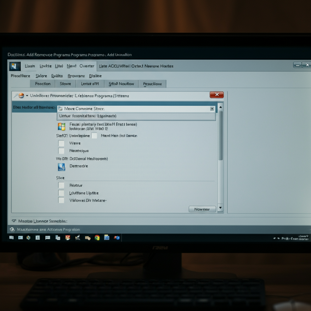 A computer screen displaying the Windows "Add or Remove Programs" window, with several programs selected for uninstallation. The scene is well-lit, and the screen is in sharp focus.
