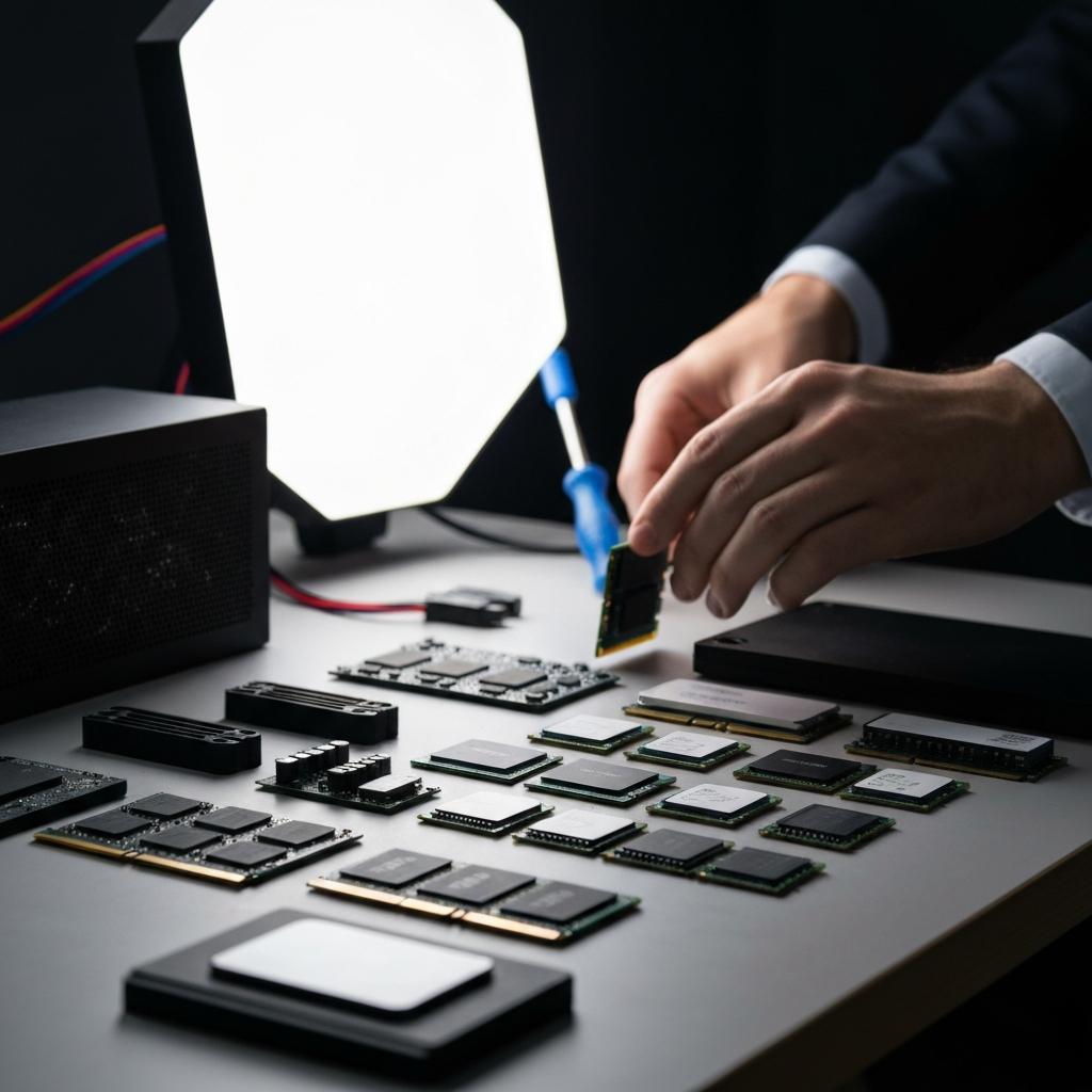 A brightly lit workbench with various computer components neatly arranged, including RAM modules, SSD drives, and screwdrivers. A hand reaches for a RAM module.