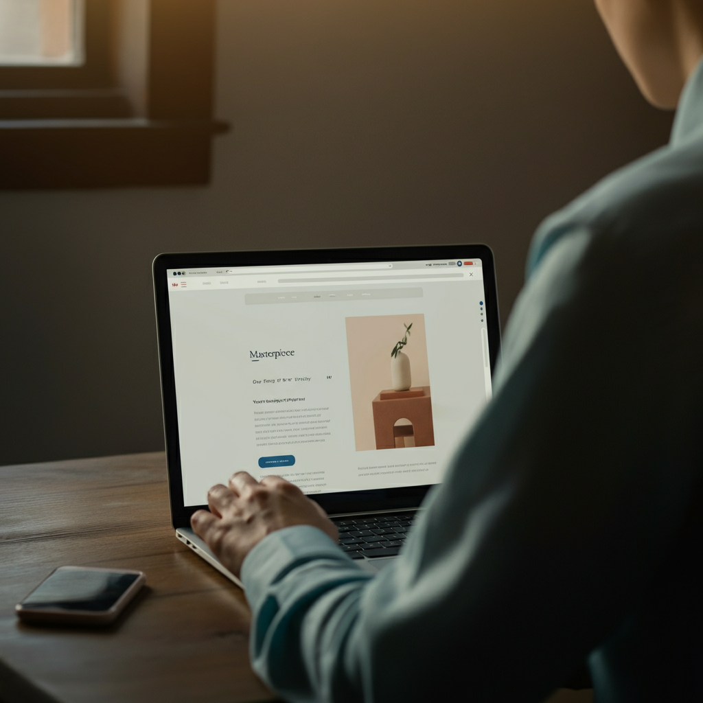 A person sits at a desk, using a laptop with a minimalist web browser open, displaying a clean and simple website. The room is bathed in warm, natural light.