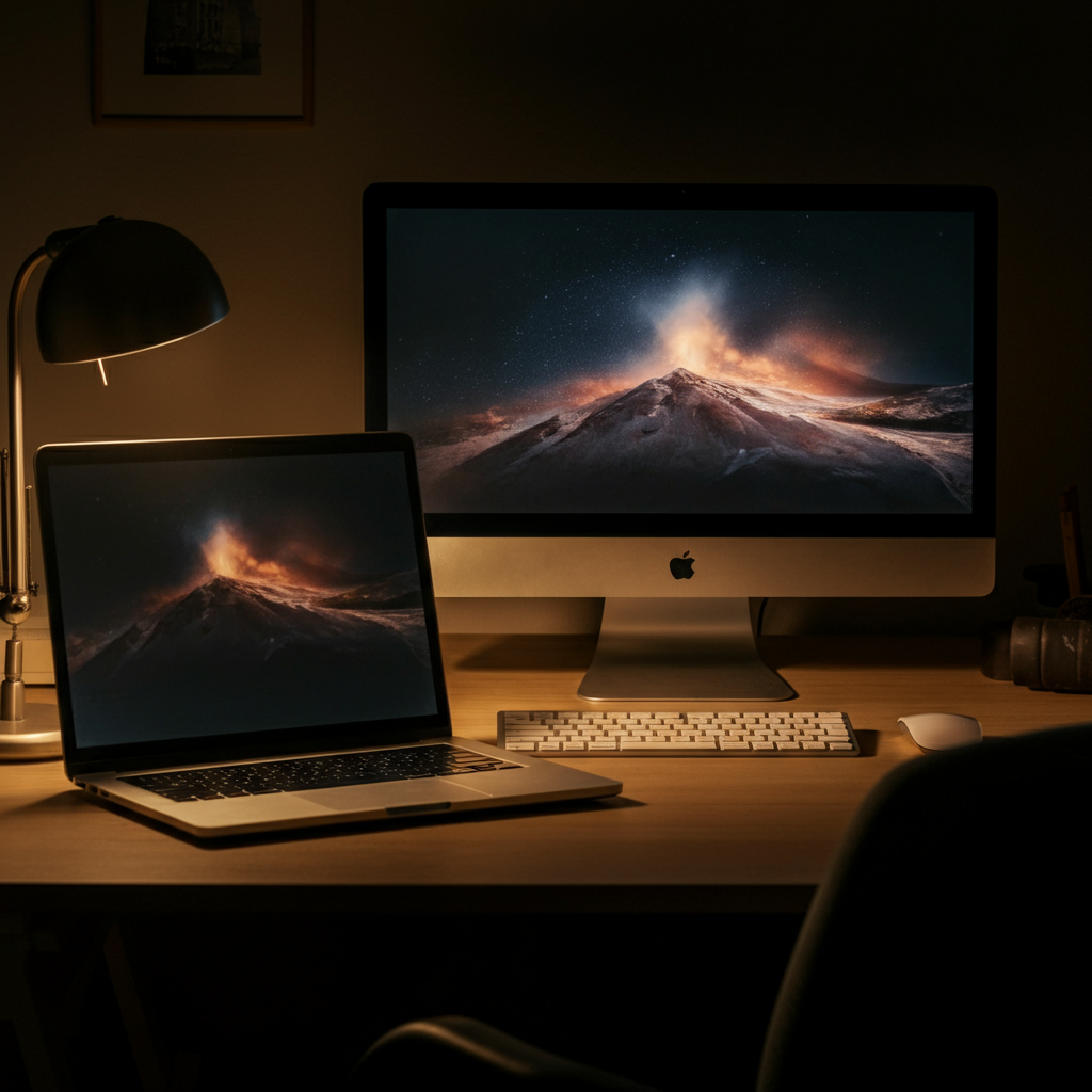 A desk in a home office, featuring an old laptop being used as a secondary monitor next to a newer desktop computer. The lighting is warm and inviting, creating a cozy work environment.
