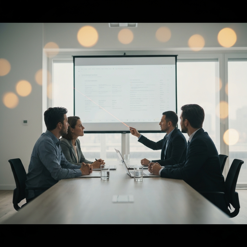 A brightly lit conference room. Four people are gathered around a table. One person is presenting data on a large screen, using a laser pointer. The room has soft bokeh in the background.