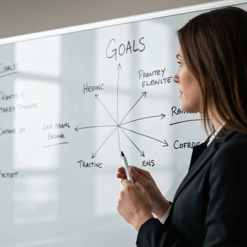 A close-up shot of a whiteboard in an office. On the whiteboard are written goals in marker, with lines connecting them to a central theme. The lighting is even and professional.