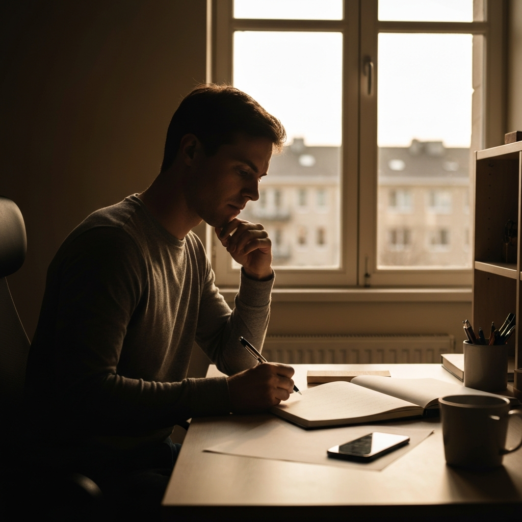 A writer sitting at a desk, bathed in natural light from a nearby window. The writer is looking at a notebook, pen in hand, deep in thought. The desk is neat and organized.