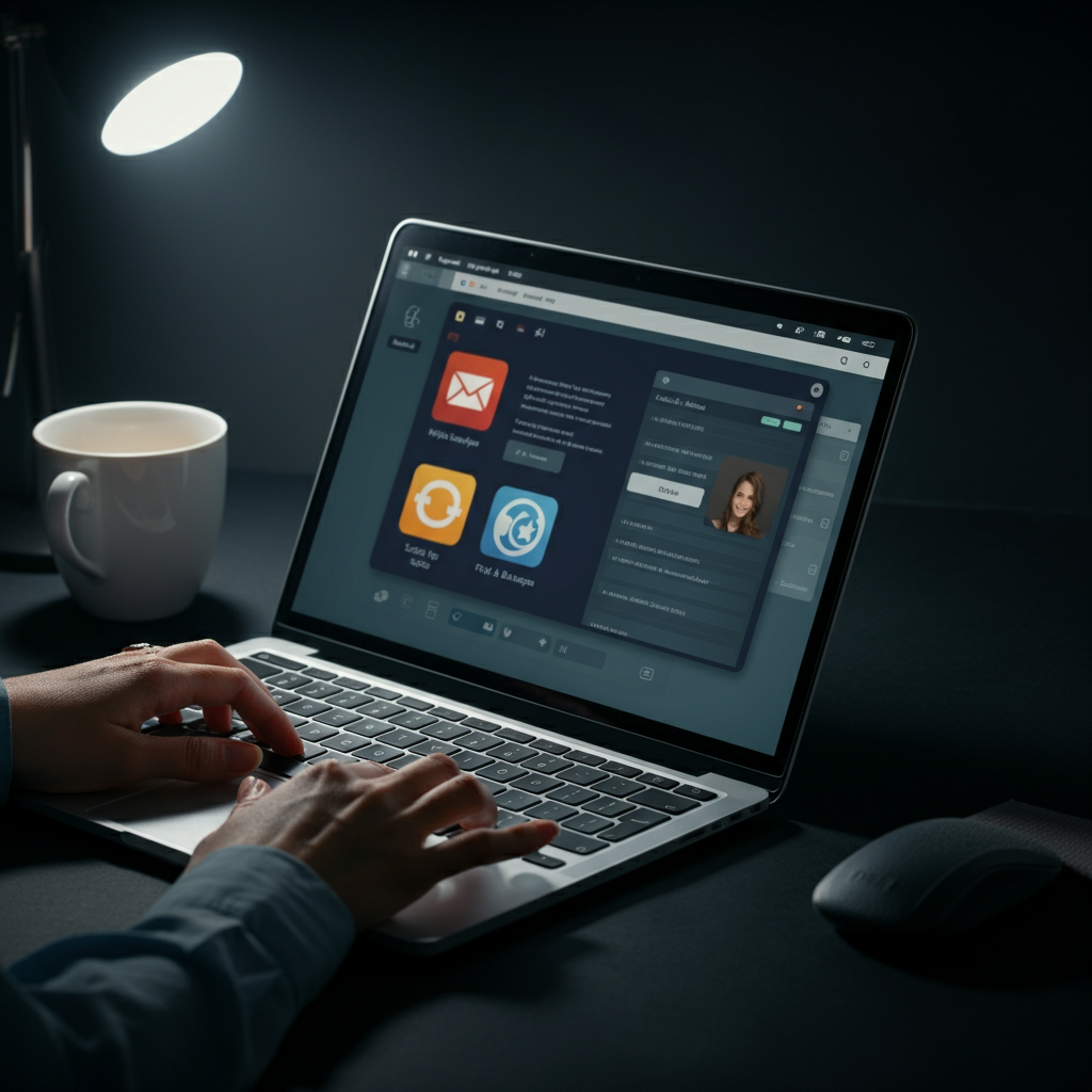 A person working on a laptop in a modern office space. The laptop screen displays different social media platforms and email inboxes. The lighting is soft and diffused.