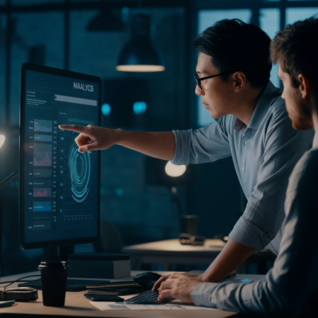 Two people collaborating on a project in a brightly lit workspace. They are pointing at a large monitor displaying analytics data. The atmosphere is collaborative and focused.