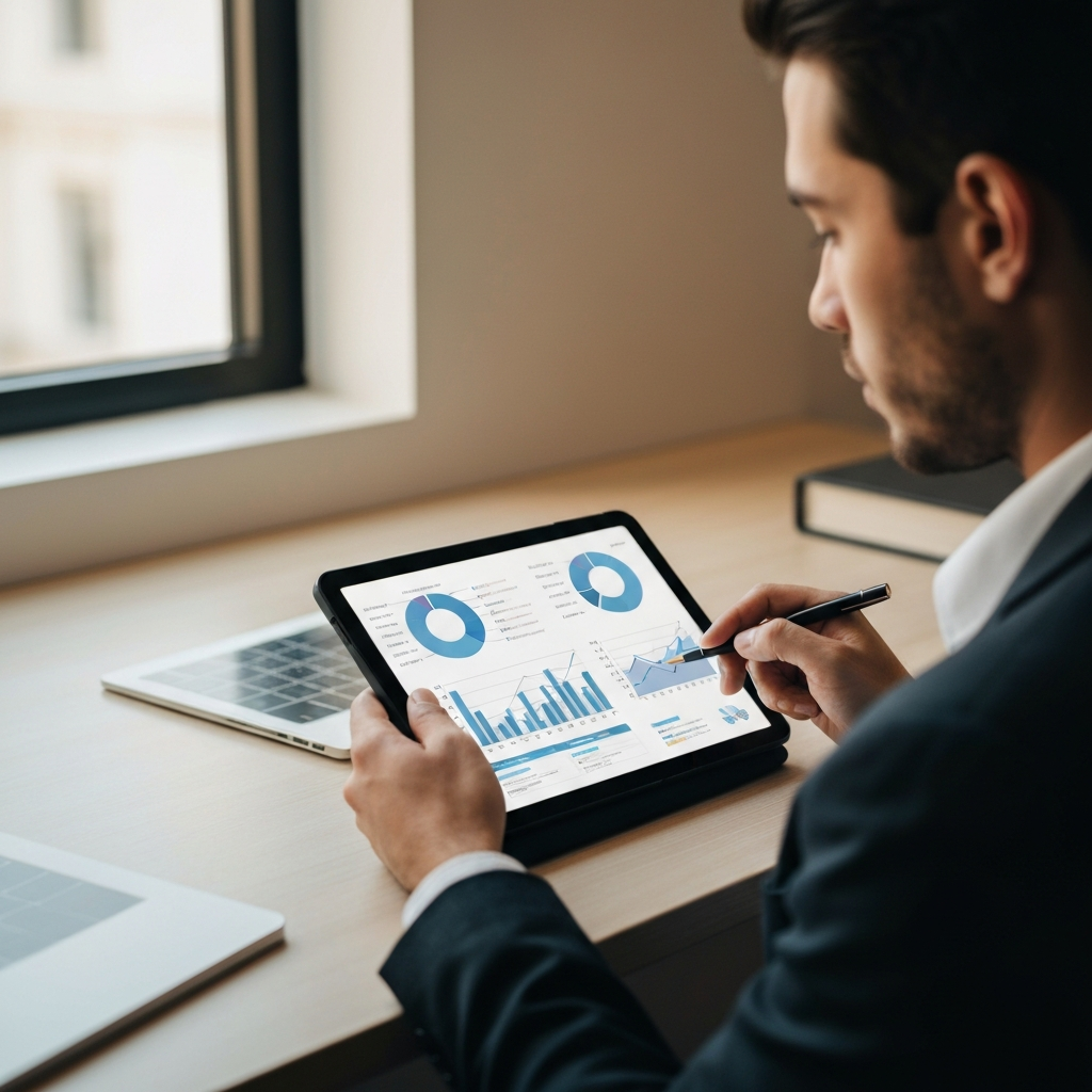 A person reviewing charts and graphs on a tablet in a well-lit office. The data visualizations are clear and easy to understand. The lighting is warm and inviting.