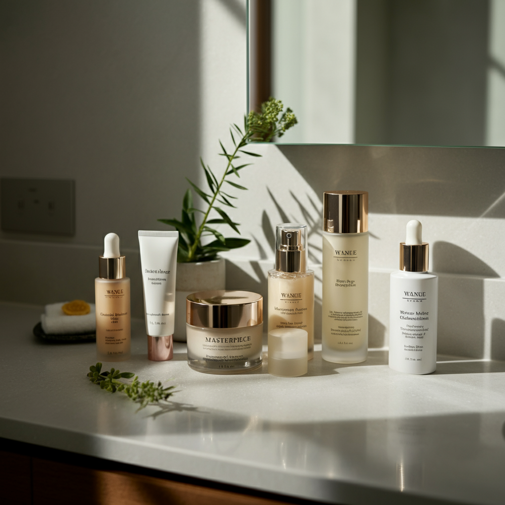 A well-organized bathroom vanity with a selection of high-quality skincare products. Natural light illuminates the clean surfaces, highlighting the textures of the bottles and jars. A small plant adds a touch of freshness.