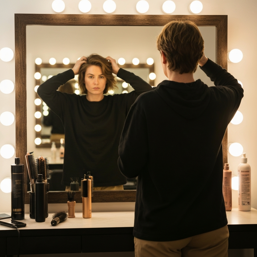 A person standing in front of a mirror, trying different hairstyles. The lighting is bright and even, allowing for clear visibility of the hair and face. A variety of styling tools are neatly arranged on the counter.