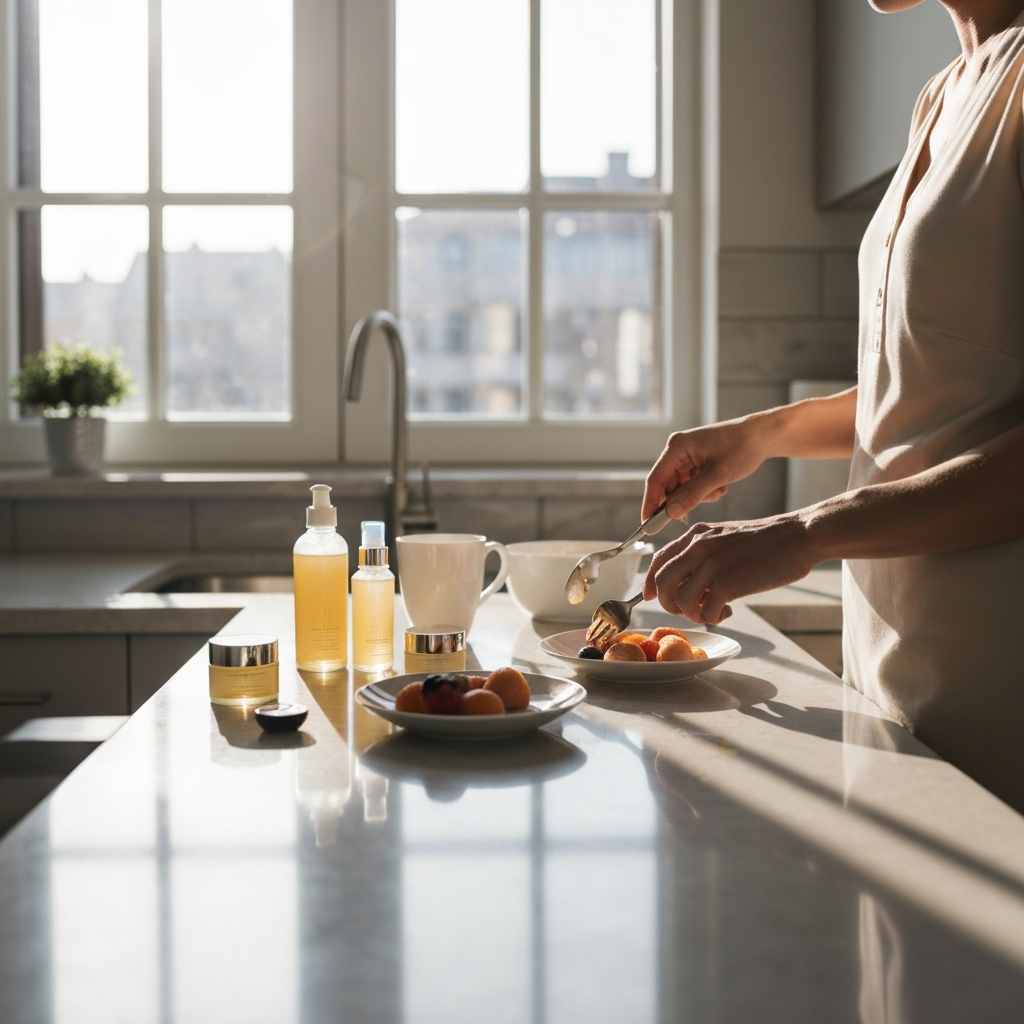 A person preparing a healthy breakfast and laying out skincare products on a bright morning. Sunlight streams through the window, creating a feeling of peacefulness and self-care. The kitchen is clean and organized.