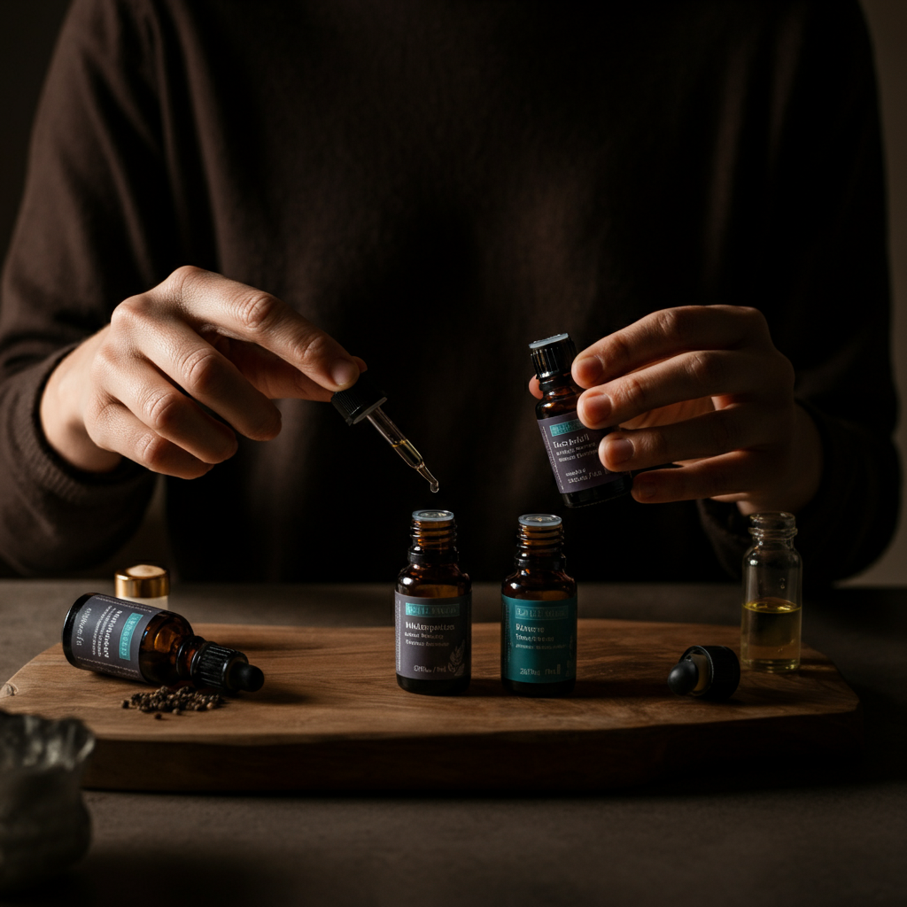 A close-up shot of a person's hands, carefully mixing different essential oils to create a custom fragrance. The lighting is warm and intimate, highlighting the textures of the bottles and ingredients.
