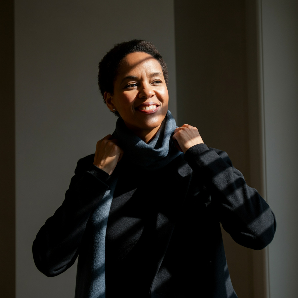 A person adjusting their scarf with a confident smile. The lighting is natural and flattering, emphasizing the person's features and conveying a sense of self-assurance. The background is blurred, focusing attention on the person.