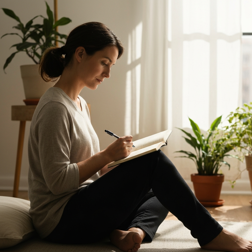 A person sitting cross-legged in a sun-drenched room, journaling. Soft, diffused light illuminates the notebook and the person's contemplative expression. The room is minimalist, with a few carefully chosen plants, suggesting a focus on inner peace and reflection. Side-lit texture on the pages of the journal.