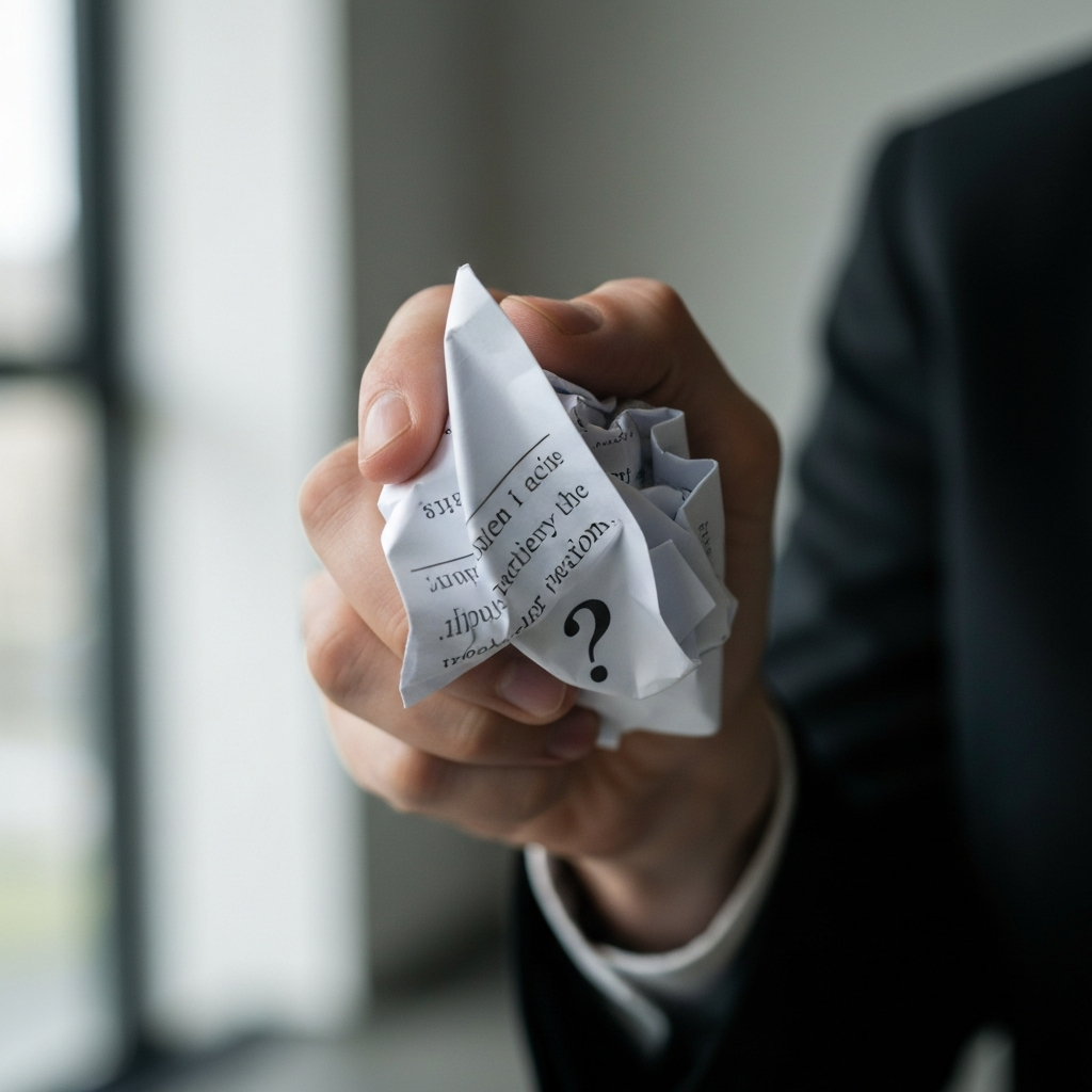 A close-up of a hand crumpling a piece of paper, then smoothing it out again. The paper has faint lines of text visible under soft studio lighting, hinting at societal expectations. The hand is intentionally blurred with a shallow depth of field, emphasizing the act of questioning rather than the content of the paper.